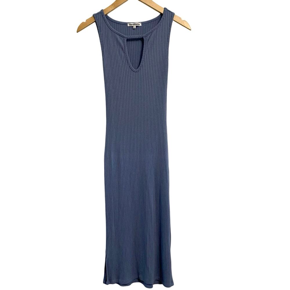 Reformation Blue Ribbed Midi Knit Dress Cutout Front Women's XS